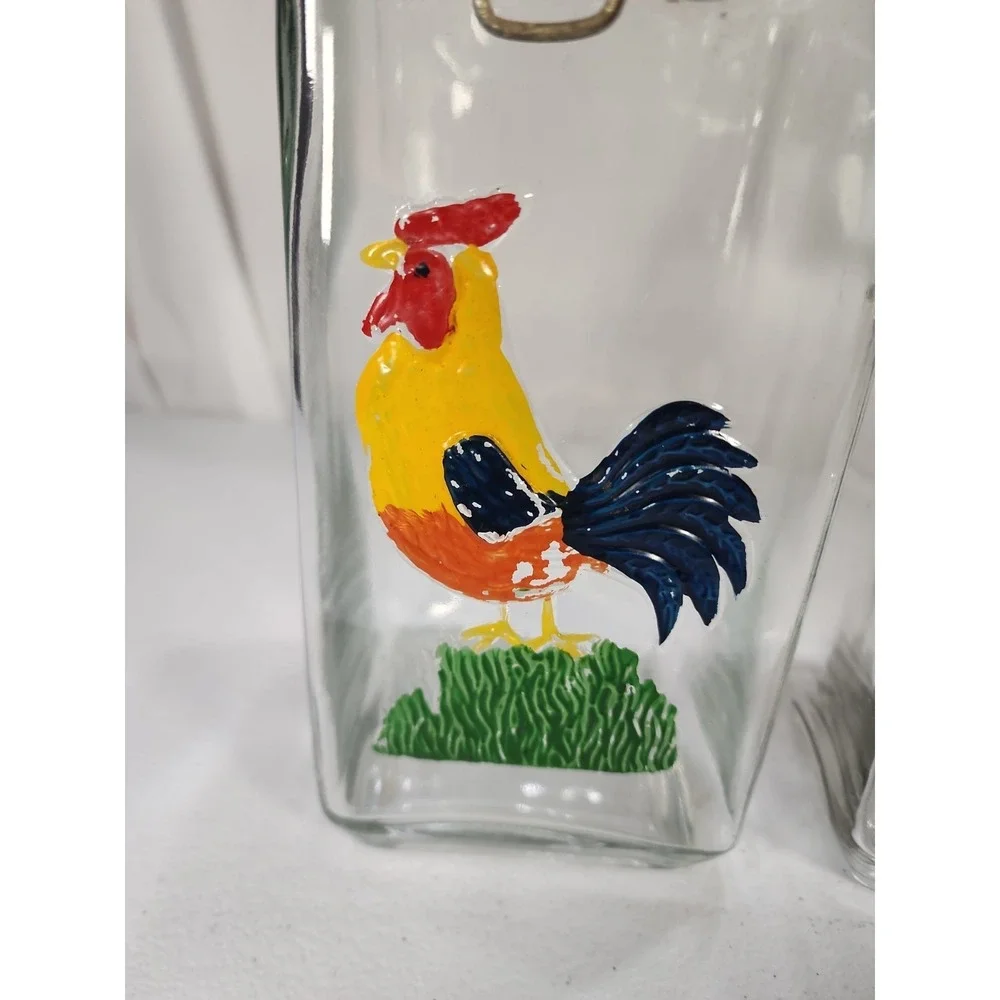 Vintage Hand Painted Rooster Canisters Clear Glass Wire Bale Lid 3pc See Descrip